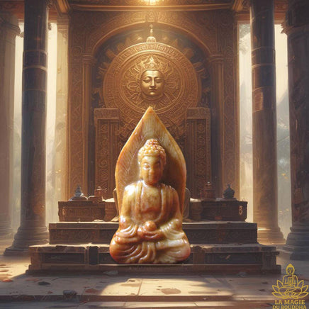 Statuette de Bouddha en jadéite orangée - Vénérable Lersi Tafai. La Magie du Bouddha.