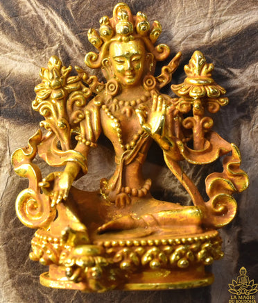 Lot sacré de la protectrice Tara Verte – Statuette en bronze doré et chorten aux reliques Ringsel La Magie du Bouddha.