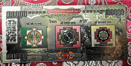 Billet magique de fortune de 100.000 roupies de Lakshmi, Ganesh et Sarasvati. La Magie du Bouddha.