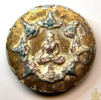 Grande amulette / tablette votive de Jatukham Rammathep et Phra Rahu en céramique céladon avec feuille d’or