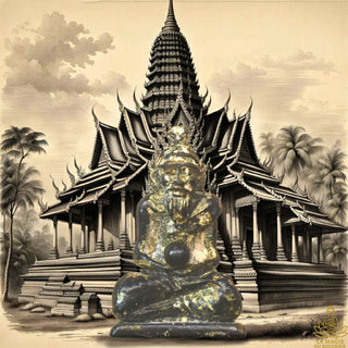 Amulette ancienne Lersi en résine noire végétale avec boule de méditation Look Geow Samadhi La Magie du Bouddha.