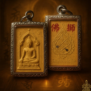 Amulette Bouddha en pâte sacrée – Wat Ban Klang (Chai Nat) – Yant arrière et idéogrammes 佛獅 La Magie du Bouddha.
