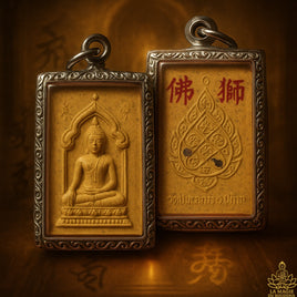 Amulette Bouddha en pâte sacrée – Wat Ban Klang (Chai Nat) – Yant arrière et idéogrammes 佛獅 La Magie du Bouddha.