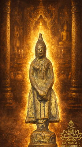 Rare amulette ancienne en bronze du Bouddha debout Phra Tawai, Bouddha du dimanche, consacrée en 1960 par Luang Phor Sanit du Wat Bua Loi La Magie du Bouddha.