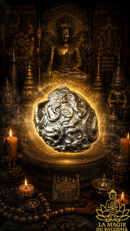 Perle sacrée Thaï Look Aum ornée de yant en bronze ancien La Magie du Bouddha.