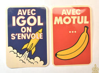 Funny retro stickers – With Igol we fly / With Motul… 🍌 (pair)
