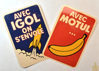 Funny retro stickers – With Igol we fly / With Motul… 🍌 (pair)