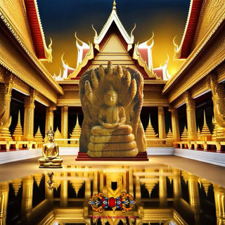 Rare statuette du Bouddha Phra Naphok (Bouddha sous le Roi des Nâgas) en bois fossile. La Magie du Bouddha.