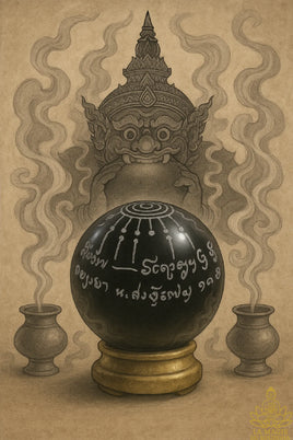 Boule de cristal noire Look Geow Samadhi bénie par Luang Phor Dooh – Protection de Phra Rahu (édition 1989, Wat Sakai) La Magie du Bouddha.