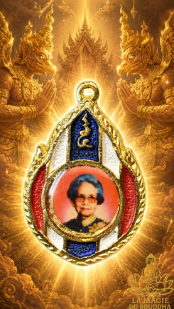 Broche pendentif portrait de la Reine Mère Srinagarindra en métal doré émaillé – Années 1990 La Magie du Bouddha.