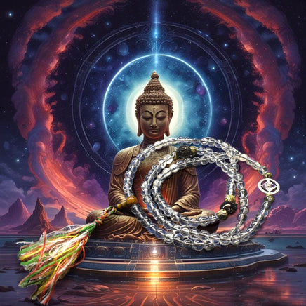 Chapelet Mala Tibétain en Cristal Spatika – Ornements Tigre et Dorje La Magie du Bouddha.
