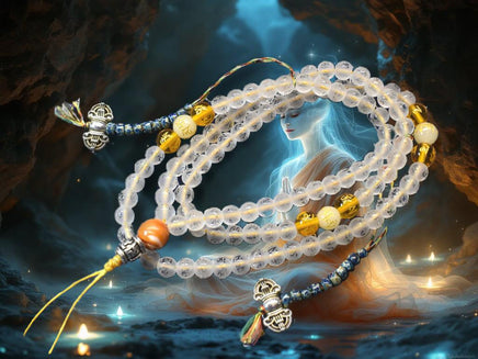 Chapelet Mala Tibétain en Cristal Gravé – Mantra de Chenrézi et Perles Fluorescentes Ye Ming Zhu. La Magie du Bouddha.