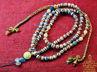 Handmade Tibetan mala for the Medicine Buddha Sangye Menla mantra in blue banded agate and Ye Ming Zhu stone