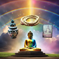 Collection de reliques sarira, chapelet et image du Bouddha.