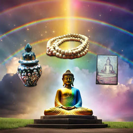Collection de reliques sarira, chapelet et image du Bouddha.