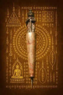 Stylet ancien en bois Lek Jan (Mae Sak Yant) orné d'un Tao Wessuwan sculpté. La Magie du Bouddha.