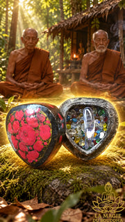 Relique minérale Kiew Geow et perles Sarira multicolores La Magie du Bouddha.