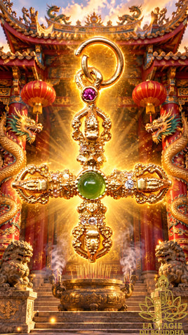 Petit pendentif Double Dorje doré consacré – Wat Manghön Thong La Magie du Bouddha.