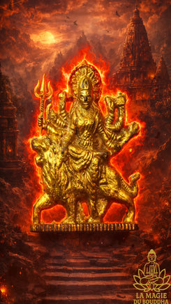 🔱 Statuette ancienne de la déesse Durga en bronze doré La Magie du Bouddha.