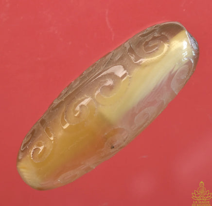 Perle Dzi artisanale récente Agate translucide – Motifs chinois stylisés La Magie du Bouddha.