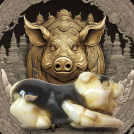 Pendentif de fortune chinois – Cochon en agate portant une pièce ancienne