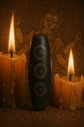 Perle sacrée tibétaine Dzi noire à trois yeux – Patine ancienne La Magie du Bouddha.