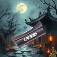 Petit cercueil Feng Shui chinois en bois sombre et incrustations d’os avec inscriptions porte-bonheur La Magie du Bouddha.