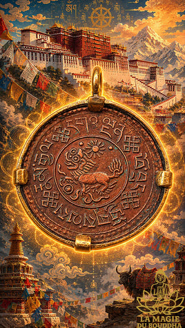 Pendentif pièce tibétaine ancienne de 1 Sho au Lion des Neiges La Magie du Bouddha.