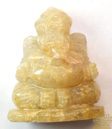 Statuettes de Ganesh en calcite jaune translucide et laiteuse La Magie du Bouddha.