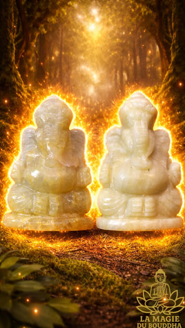 Statuettes de Ganesh en calcite jaune translucide et laiteuse La Magie du Bouddha.
