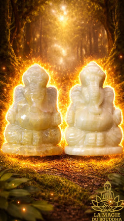 Statuettes de Ganesh en calcite jaune translucide et laiteuse La Magie du Bouddha.