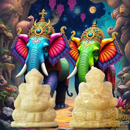 Statuettes de Ganesh en calcite jaune translucide et laiteuse La Magie du Bouddha.
