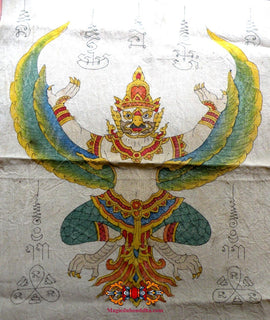 Tissus sacré Thaï Pa Yant peint à la main du Phaya Kruth (Garouda). La Magie du Bouddha.