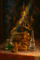 Lot sacré de la protectrice Tara Verte – Statuette en bronze doré et chorten aux reliques Ringsel