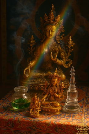 Lot sacré de la protectrice Tara Verte – Statuette en bronze doré et chorten aux reliques Ringsel
