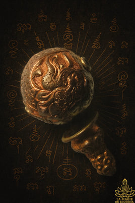 Grosse perle de tête pour mala - Décor dragon (argent et cuivre).