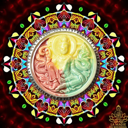🔱 Grande amulette Jatukham Rammathep et Bouddha protecteur Phra Pidta en céramique multicolore La Magie du Bouddha.