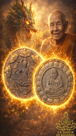 Grande amulette noire Jatukham Rammathep et Luang Phor Thuat (édition Roon Khot Séthi Mee Kamlae) La Magie du Bouddha.