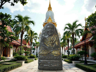 Tablette votive Luang Phor Thuat en résine noire et dorée – Inscriptions Khom La Magie du Bouddha.