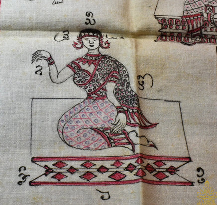 Pa Yant ancien Lanna représentant Phra Siwali, Mae Nang Kwak et une figure royale – Tissu sacré peint à la main (env. 50 ans) La Magie du Bouddha.