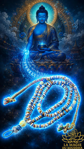 Mala tibétain artisanal pour le mantra du Bouddha de Médecine Sangye Menla en agate à bande bleue et pierre Ye Ming Zhu La Magie du Bouddha.