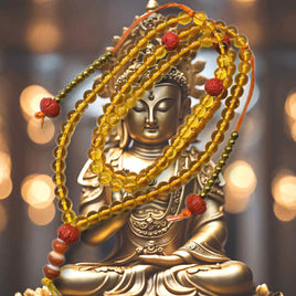 Chapelet tibétain traditionnel en perles de verre jaune – Perles lotus rouges La Magie du Bouddha.