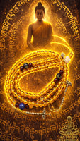 Chapelet tibétain mala en perles de verre jaune à mantra de Chenrezi et perle sacrée Ye Ming Zhu La Magie du Bouddha.