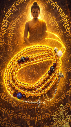 Chapelet tibétain mala en perles de verre jaune à mantra de Chenrezi et perle sacrée Ye Ming Zhu La Magie du Bouddha.