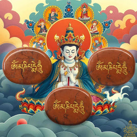 Pierre de Mani en jaspe rouge – Mantra Om Mani Padme Hum doré