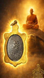 Médaille tortue sacrée Phaya Tao Ruean Rian Sukjai avec Bouddha Phra Sanghajai - Très Vénérable Luang Phor Liew du Wat Rai Theng Thong La Magie du Bouddha.
