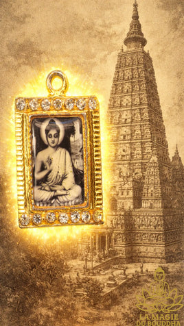 Médaille vintage du Bouddha Sakyamouni et stupa de la Mahaboddhi La Magie du Bouddha.