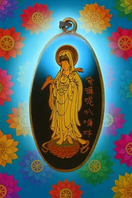 Médaille vintage Guanyin – Mantra Om Mani Padme Hum et pentacle bouddhique des années 70
