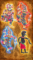 Set of 4 antique Nang Talung buffalo hide shadow puppets – Lersi, Hanuman, Yak, and Ai Theng