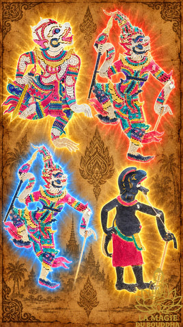 Lot de 4 anciennes marionnettes Nang Talung en peau de buffle – Lersi, Hanuman, Yak et Ai Theng La Magie du Bouddha.